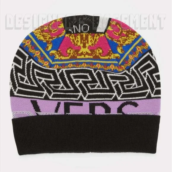 VERSACE Medusa Renaissance Greca Pattern Logo Intarsia wool blend Beanie hat NWT - Picture 2 of 7